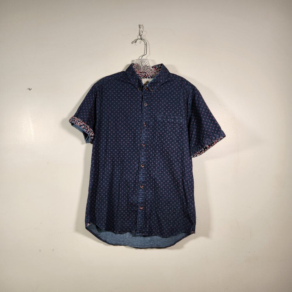 7 DIAMONDS Denim Stretch SS Button Down Mens M Navy‎ Blue Red Geometric  Casual
